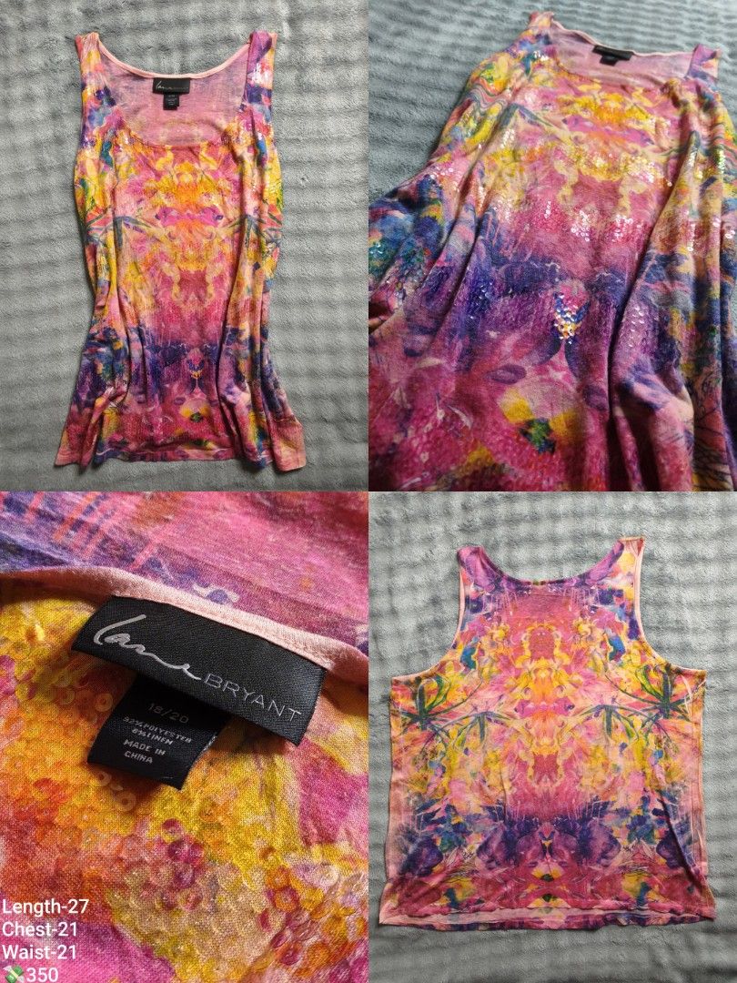 Lane Bryant Multicolor Sequin Tank Top Size 18/20 (Category: Sleeveless) located in Floridablanca. Submitted by vintager12 (Listing ID 1468546007, Image 1). Description: - Brand: Lane Bryant - Vibrant pink, yellow, and purple watercolor tie-dye pattern - Covered with subtle shimmering sequins all over the front - Scoop neck, sleeveless style for a breezy fit - Lightweight polyester and linen fabric blend - Measurements: Length 27 inches, Chest 21