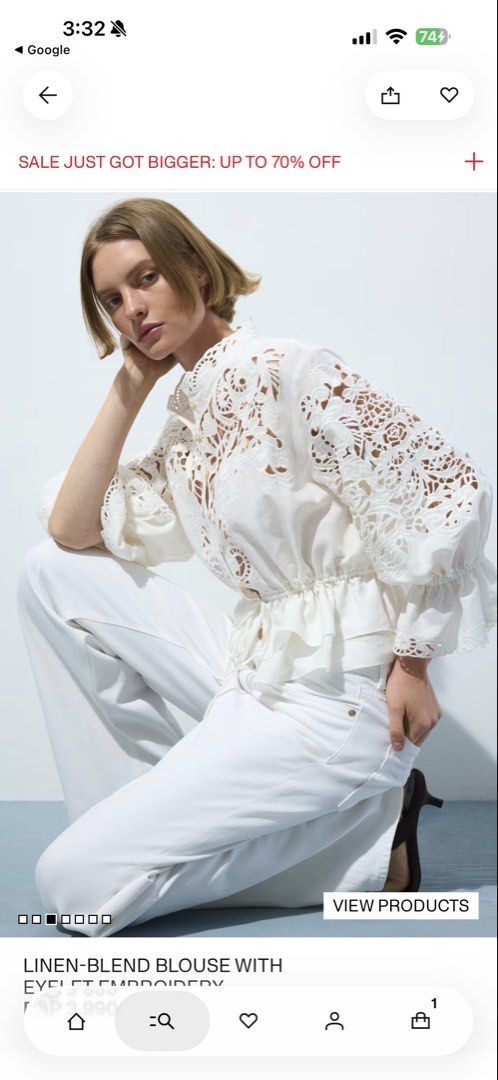 LF: H&m Blouse with Eyelet Embroidery White (Category: Blouses) located in Bacolod City. Submitted by elapaola (Listing ID 1468567324, Image 3). Description: - Brand: h&m - Color: Crisp white - Material: Comfortable linen-blend - Details: Eyelet embroidery on the chest, statement sleeves, high collar with button closure, adjustable drawstring waist hem, and ruffled cuffs - Styling: Perfect for daytime outings or casual dinners; pairs great with j