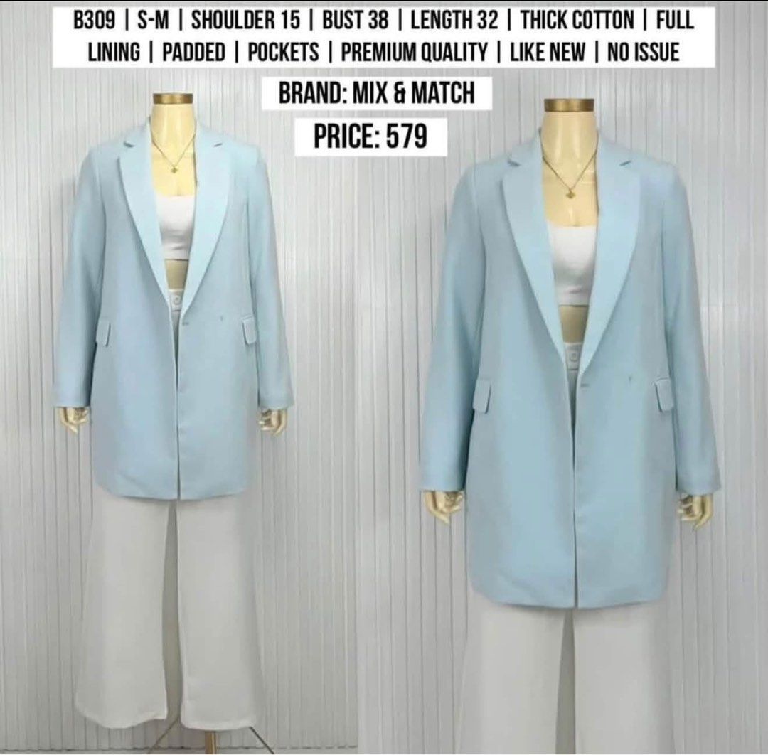LIGHT BLUE LONG BLAZER | S-M (Category: Coats, Jackets and Outerwear) located in Manila. Submitted by superizza (Listing ID 1468706872, Image 1). Description: 🌻Location: Paco, Manila. No physical store 🌻Mannequin estimated height: 5’4 🌻Mqnnequin size: Small 🌻Mannequin waist: 23” 🌻Mannequin thigh circumference: 36” 🌻Items are already washed and front steamed, pwede na suotin if di ka maselan. 🌻All items are thrifted (from ukay bales) unless