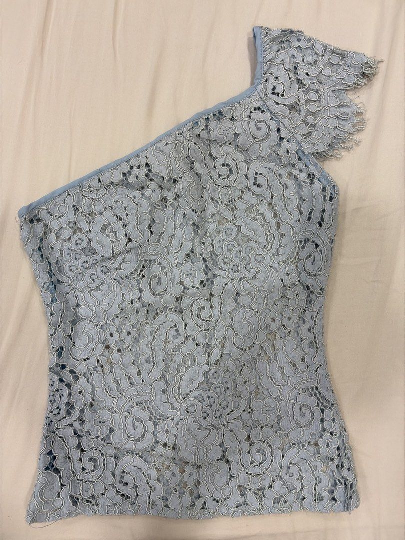 Light blue one-shoulder lace top (Category: Sleeveless) located in Quezon City. Submitted by giagcuc (Listing ID 1468512416, Image 3). Description: Hard to let go super flattering when worn Rfs: decluttering.