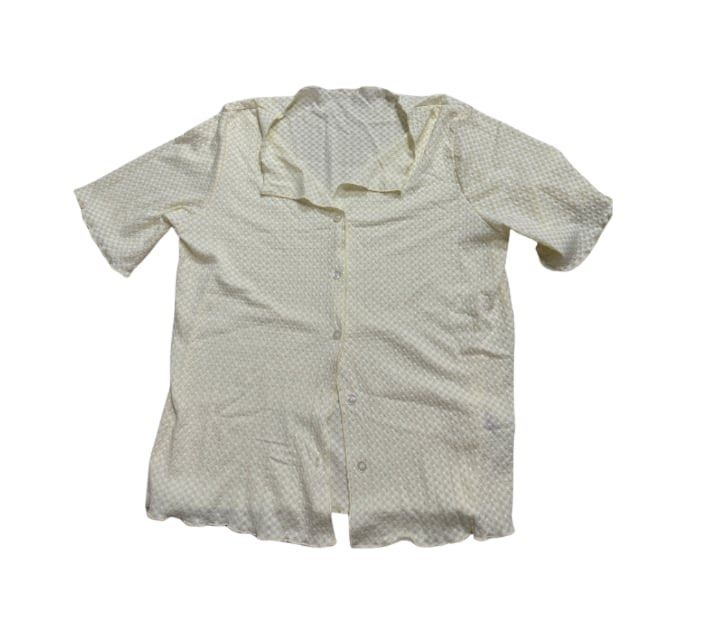 Light Yellow Short-Sleeve Button-Down Blouse (Category: Blouses) located in Manila. Submitted by dechlotter_ (Listing ID 1468632215, Image 1). Description: - Color: Light yellow with subtle checked pattern - Style: Short sleeves, open collar, button-down - Fit: Regular fit - Material: Lightweight and breathable - Versatility: Perfect for warm weather or easy layering, matches well with various bottoms.