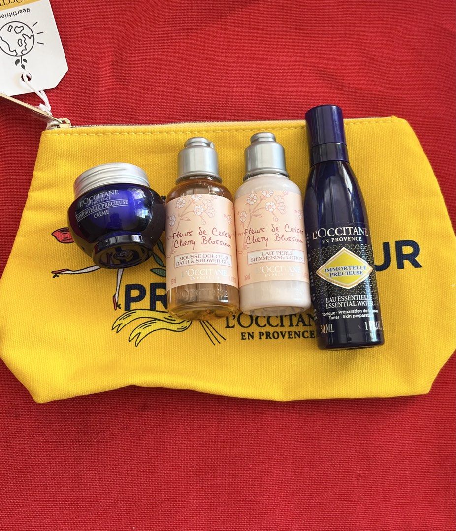 L’OCCITANE SETS WITH POUCH (Category: Face Care) located in Manila. Submitted by luxeclassyshop (Listing ID 1468564772, Image 1). Description: Last price is posted L’OCCITANE SETS WITH POUCH Yellow pouch -EAU ESSENTIAL WATER 30ml -LAIT PERLE SHIMMERING LOTION 35ml -MOUSSE DOUCEUR BATH&SHOWER GEL 35ml -IMMORTELLE PRECIEUSE CREME 4ml All orginal Set only 1 .