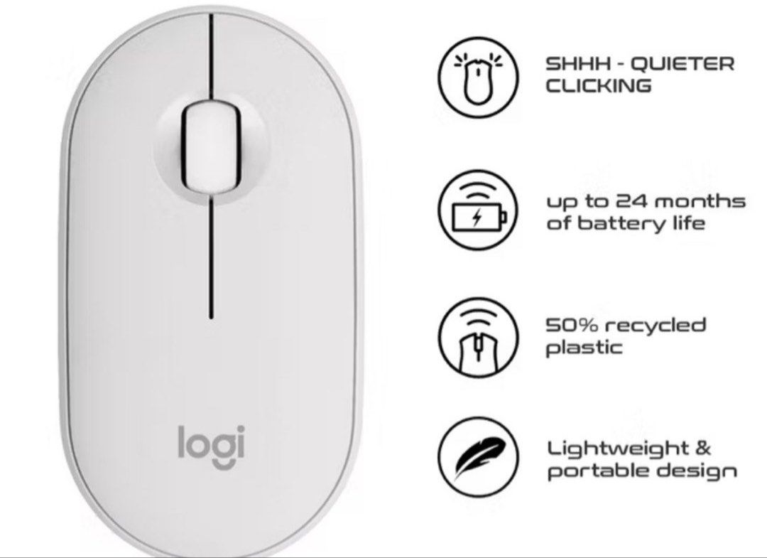 Logitech Pebble Wireless Mouse White (Category: Mouse & Mousepads) located in Pasig City. Submitted by mulayph (Listing ID 1468522668, Image 1). Description: - Brand new Logitech Pebble Wireless Mouse - quiet clicking - color: white - rfs: extra.