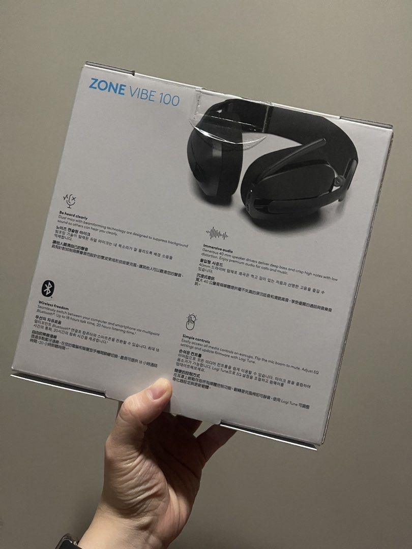 Logitech Zone Vibe 100 Wireless Headphones (Category: Headphones & Headsets) located in Pasig City. Submitted by altopentle (Listing ID 1468541456, Image 2). Description: - Item: Logitech Zone Vibe 100 Wireless Headphones - Color: Black - Condition: Brand new, unopened - Audio: 40 mm speaker drivers for rich sound and music - Mic: Built-in noise-canceling microphone for crystal-clear calls - Connectivity: Bluetooth with multipoint support - Extra