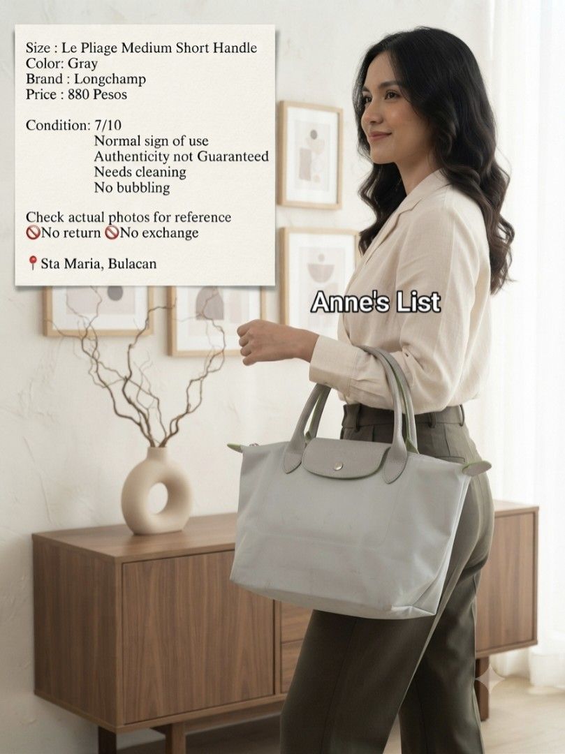 Longchamp (Inspo) Light Gray Le Pliage Bag (Category: Luxury Bags & Wallets) located in Santa Maria. Submitted by anne_s.list (Listing ID 1468684787, Image 2). Description: - Inspo Longchamp bag in a lovely light gray shade - Made in Tunisia - Secure zipper closure with branded silver pull tab - Comes with a detachable shoulder strap (stored inside) - Visible Dirt on the fabric exterior and corners (need wash) - Smooth-gliding zipper - Premium Qu