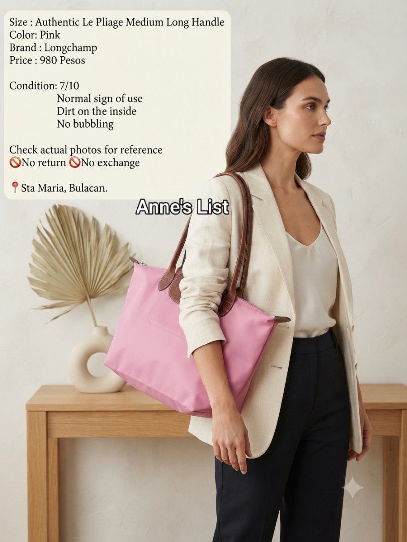 Longchamp Pink Tote Long Handle Bag (Category: Luxury Bags & Wallets) located in Santa Maria. Submitted by anne_s.list (Listing ID 1468685065, Image 2). Description: - Brand: Longchamp - Color: Bright pink nylon with brown leather handles and flap - Hardware: Gold-tone snap closure - Closure: Zip top opening - Interior: White fabric lining with 1 slip pocket - Style: Classic everyday shoulder bag - Condition: Excellent pre-loved condition - No Re