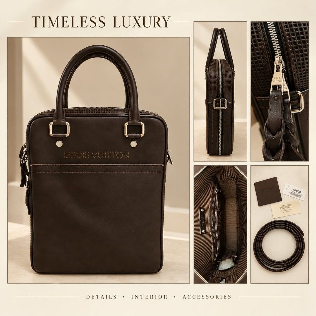 Louis Vuitton Brown Documents Vertical Bag (Category: Luxury Bags & Wallets) located in Makati City. Submitted by iamemztot_1992 (Listing ID 1468656541, Image 1). Description: - Authentic dark brown Louis Vuitton leather bag - Stylish perforated logo across the front - Versatile design with top handles and a long detachable strap - Secure zip closure running along the top and sides - Clean stitching with stylish dark hardware - Striped fabric int