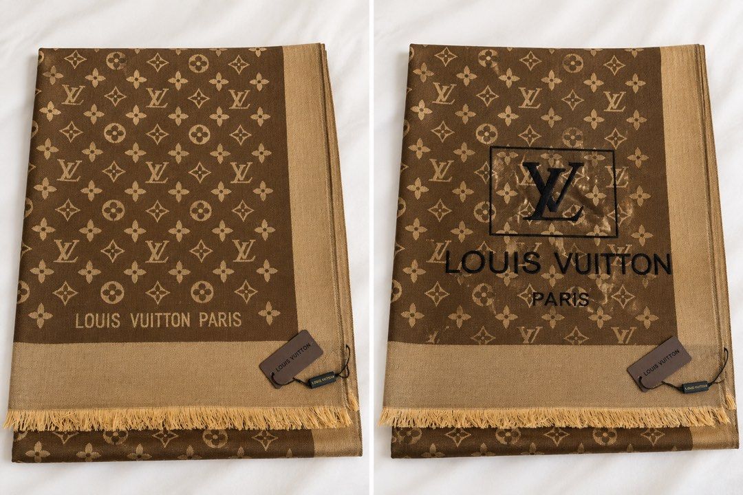 Louis Vuitton Monogram Scarf Brown Tan (Category: Scarves) located in Lapu-Lapu City. Submitted by XueBaiGuang (Listing ID 1468638928, Image 2). Description: - Brand: Louis Vuitton - Pattern: Classic LV Monogram - Color: Brown and tan neutral tones - Features: Fringe edges, branded paper tags attached - Material: Soft and drapes nicely - Styling: Versatile length for neck or shoulder wear - Condition: Brand new with tags.