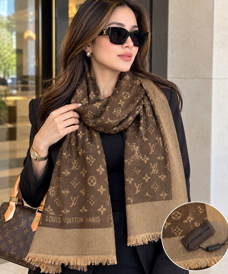 Louis Vuitton Monogram Scarf Brown Tan (Category: Scarves) located in Lapu-Lapu City. Submitted by XueBaiGuang (Listing ID 1468638928, Image 1). Description: - Brand: Louis Vuitton - Pattern: Classic LV Monogram - Color: Brown and tan neutral tones - Features: Fringe edges, branded paper tags attached - Material: Soft and drapes nicely - Styling: Versatile length for neck or shoulder wear - Condition: Brand new with tags.