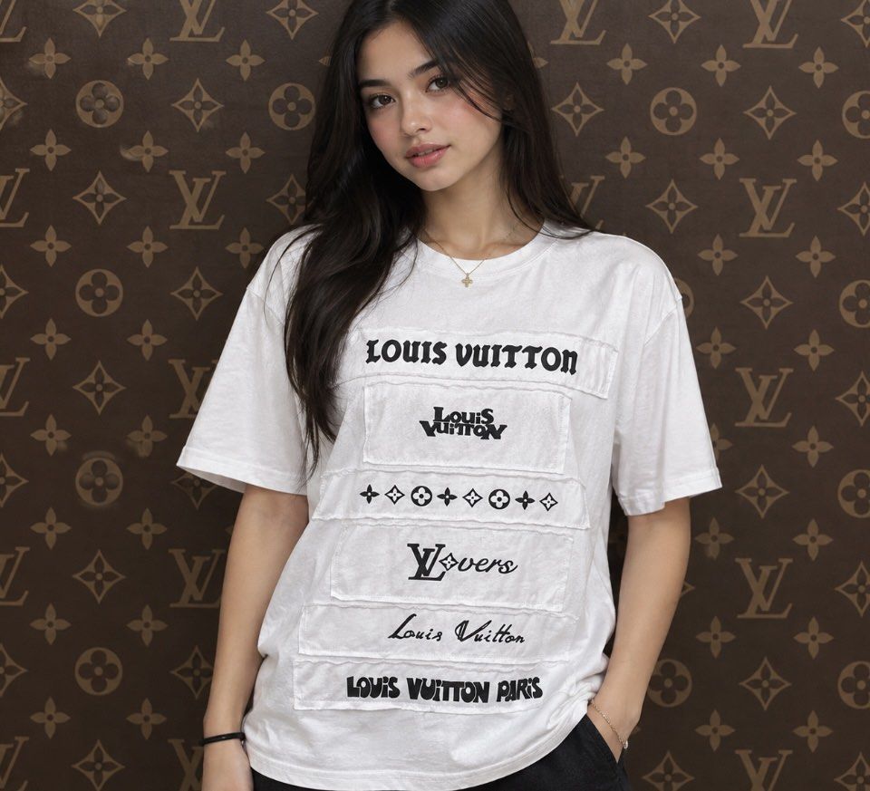 Louis Vuitton Multi Patchwork Logo White T-Shirt (Category: Shirts) located in Manila. Submitted by christian048 (Listing ID 1468649417, Image 1). Description: - Size: Large - Color: White - Material: Comfortable cotton - Design: Classic crew neck with multiple black graphic logo patches on the chest - Back: Clean with no prints - Condition: Clean, wash tag with care instructions included - Dimes: Width - 19 - Length - 25 - unnoticeable washable 