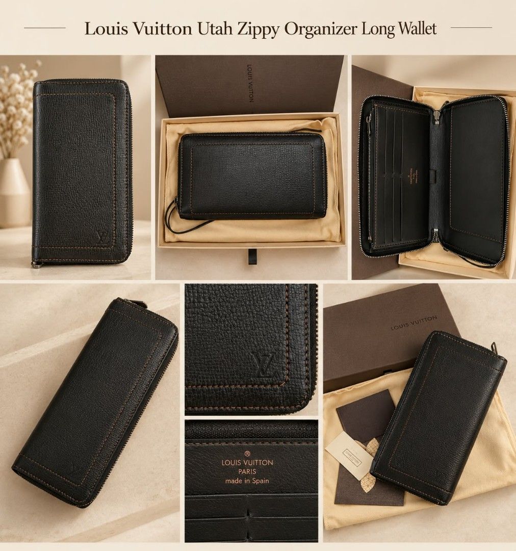 Louis Vuitton Utah Zippy Organizer Long Wallet (Category: Luxury Bags & Wallets) located in Makati City. Submitted by iamemztot_1992 (Listing ID 1468656756, Image 1). Description: - Brand: Louis Vuitton - Model: Utah Leather Zippy Organizer Long Wallet - Color: Black with contrast stitching - Material: Premium Utah leather - Features: Multiple card slots, note compartments, and secure zipper coin pocket - Details: Embossed LV logo on front corner