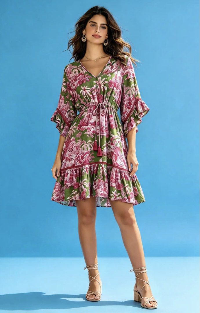 LULA SOUL (Category: Dresses) located in Davao. Submitted by sart0ria85 (Listing ID 1468653607, Image 2). Description: A tropical dressV-neck, half-length ruffled sleeves, drawstring waist with pink tassel ties. In 100% RAYON. Ultra comfortable. MADE IN INDIA 🇮🇳 MEDIUM. Size 6 Also perfect for LARGE. Size 8 because of the oversize, adjustable strings. EXCELLENT CONDITION (94/100).
