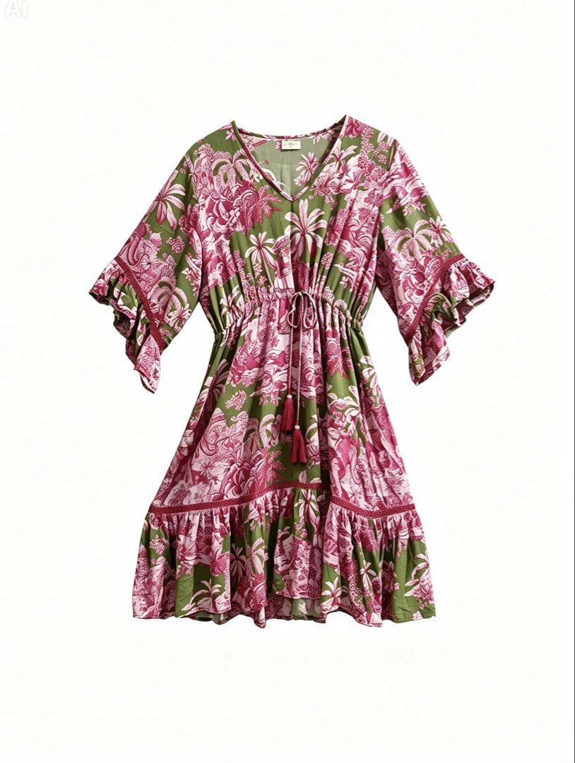 LULA SOUL (Category: Dresses) located in Davao. Submitted by sart0ria85 (Listing ID 1468653607, Image 1). Description: A tropical dressV-neck, half-length ruffled sleeves, drawstring waist with pink tassel ties. In 100% RAYON. Ultra comfortable. MADE IN INDIA 🇮🇳 MEDIUM. Size 6 Also perfect for LARGE. Size 8 because of the oversize, adjustable strings. EXCELLENT CONDITION (94/100).
