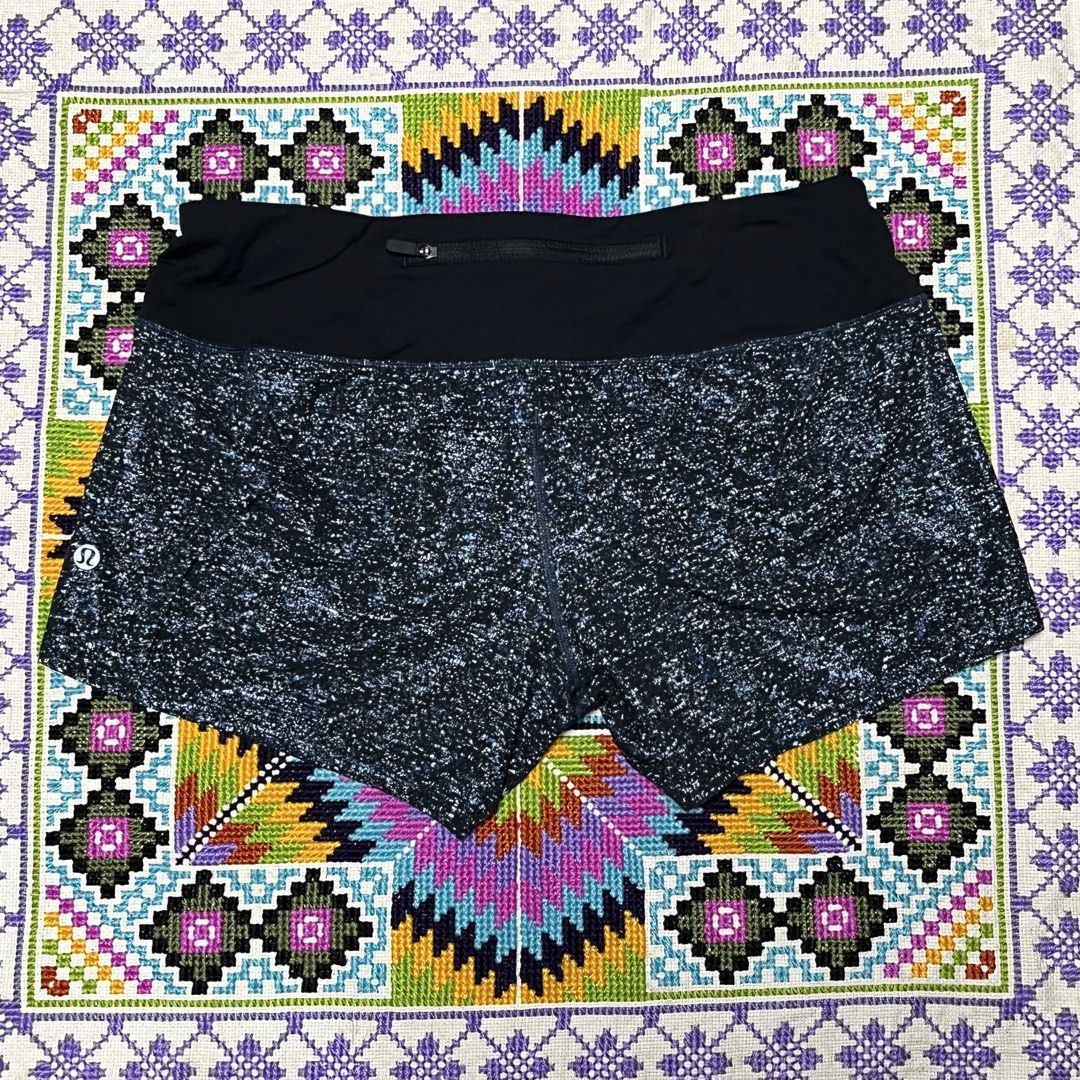 Lululemon Athletic Shorts Size 6 Blue Black Speckled (Category: Shorts) located in Dagupan City. Submitted by vernzkee (Listing ID 1468521907, Image 3). Description: - Brand: Lululemon - Style: Athletic shorts in blue & black speckled pattern - Size: 6 (tag inside waistband pocket) - Waistband: Wide black waistband with secure zippered back pocket - Safety: Reflective logo on lower left leg - Fit: Measures ~15.5" across waist laid flat - Ideal fo