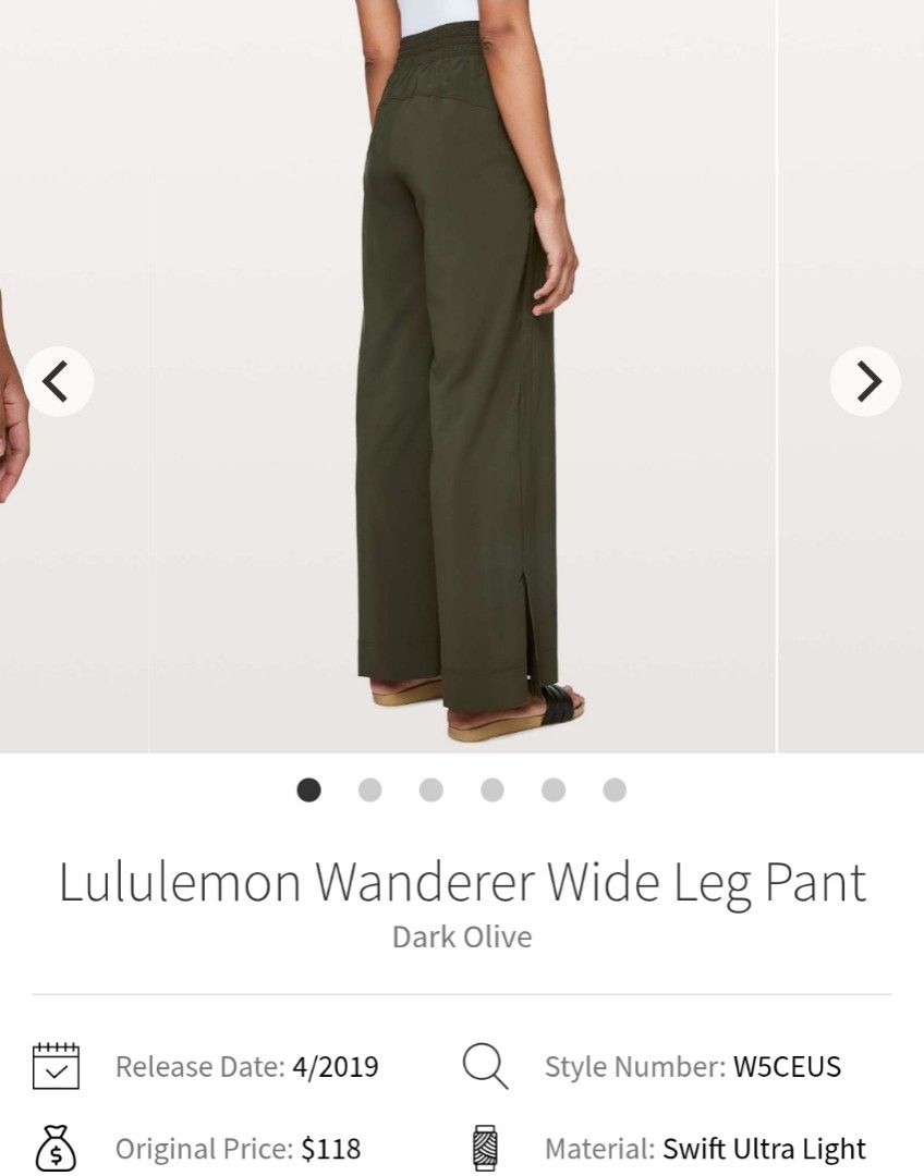 Lululemon Wanderer Wide Leg Pants (Category: Joggers) located in Santa Rosa. Submitted by y2kstylist (Listing ID 1467256113, Image 1). Description: - Brand: Lululemon - Color: Olive Green - Size: 10 (170/78Y) - Fit: Relaxed wide-leg with front seam detailing - Waistband: Elastic with adjustable drawstring - Logo: Subtle omega logo near bottom hem - Material: Lightweight, easy pull-on fabric - Condition: Excellent - Best for: Workouts, errands, or