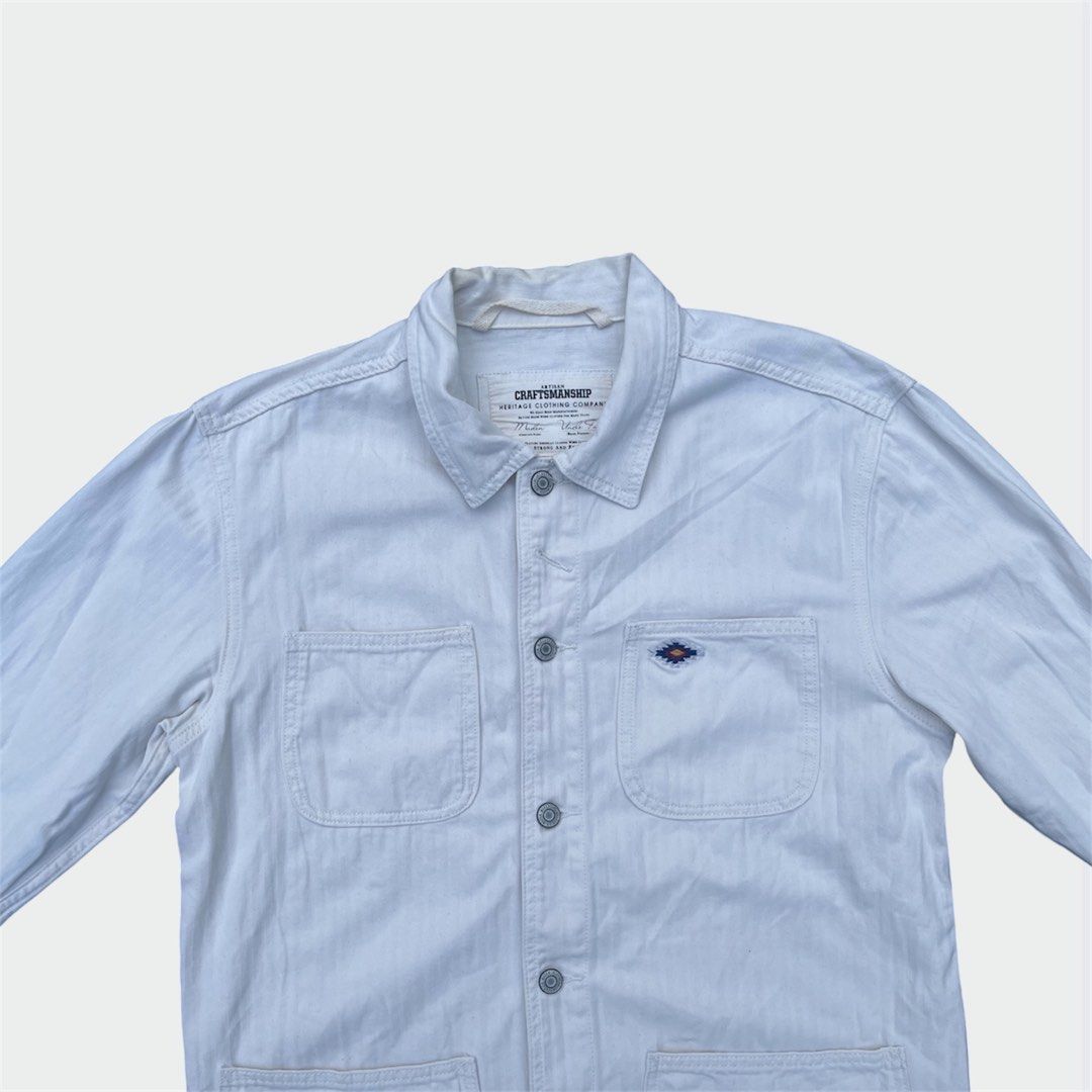 Maden HBT chore jacket (Category: Coats, Jackets and Outerwear) located in Calamba. Submitted by juan_jawnz (Listing ID 1468627576, Image 2). Description: Maden Craftsmanship chore jacket, cream white HBT pattern. Very very nice and sexy in real life. 1,450PHP Length- 28 inches Width- 21 inches Shoulders- 19 inches Issues: Washable stain DM FOR MORE DETAILS! .