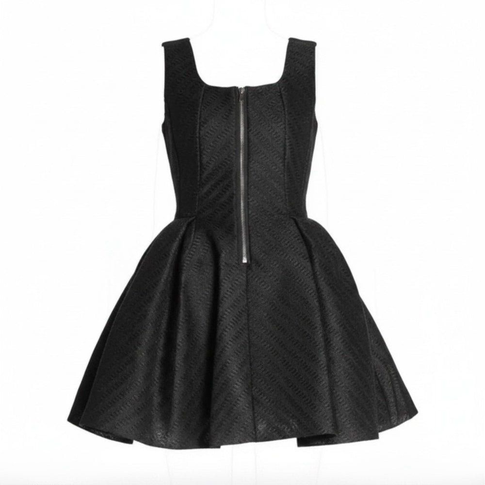 Maje Dress (Category: Dresses) located in Dumaguete. Submitted by jaymharr (Listing ID 1468514665, Image 1). Description: This is the MAJE Gulliver Fit & Flare Mesh Dress, a sleeveless black mini dress featuring a textured wafer-mesh overlay, a fitted bodice, an exposed front zipper, and a pleated flared A-line skirt..
