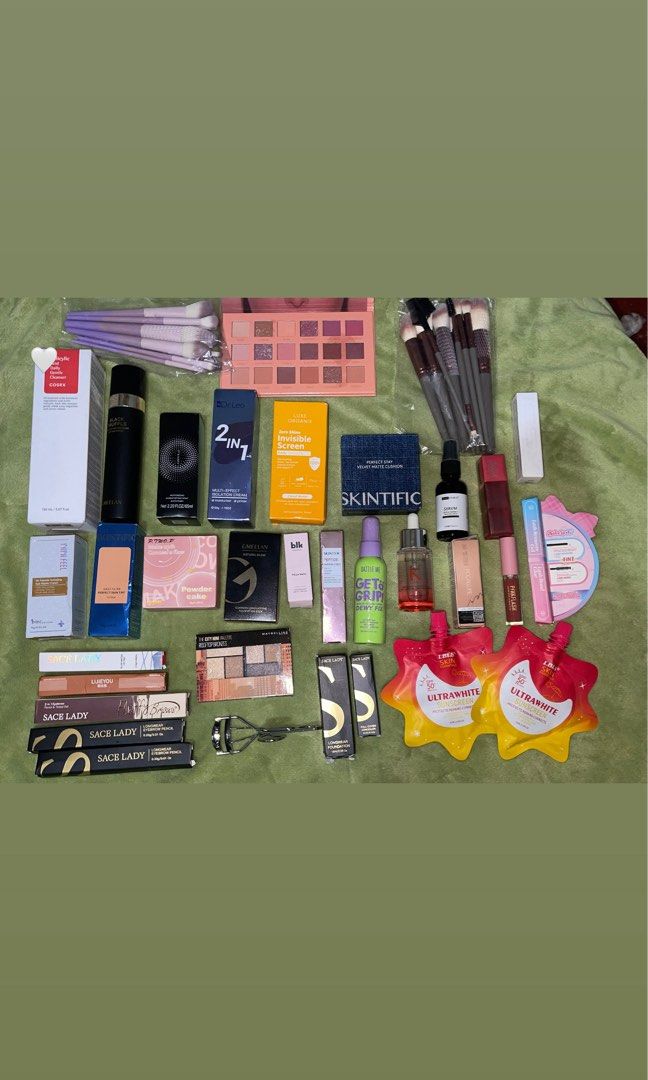 makeup and skincare (Category: Makeup) located in Cavite. Submitted by Daspark25 (Listing ID 1468683451, Image 1). Description: - price range: 80-700 - Massive makeup and skincare collection, perfect for beginners or restocking - Includes eyeshadow palettes, makeup brush sets, foundations, lip tints, eyebrow pencils, skincare bottles, sunscreen pouches, and an eyelash curler - Features popular brands like Skintific and Sace Lady - Conditions: bra