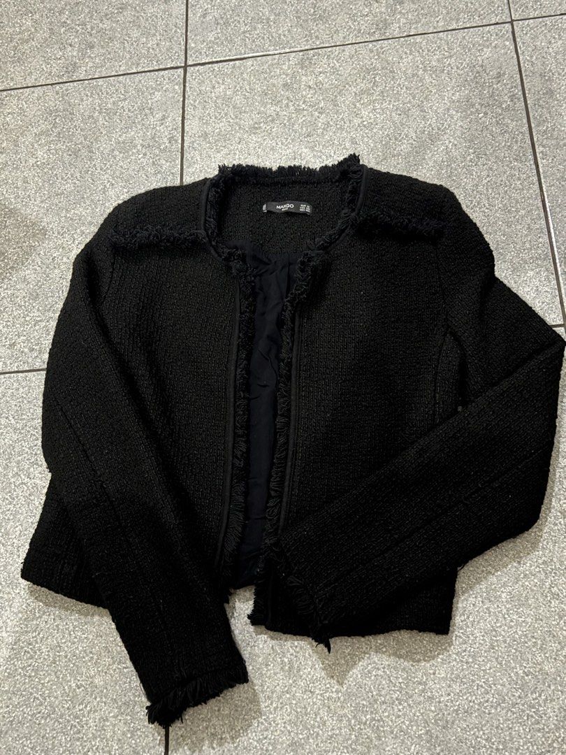 Mango Black Tweed Jacket (Category: Coats, Jackets and Outerwear) located in Manila. Submitted by lai.p (Listing ID 1468503793, Image 3). Description: - Brand/Style: Mango black tweed jacket - Design: Open front with stylish frayed trim edges - Neckline & Sleeves: Classic round neckline and long sleeves - Interior: Fully lined for comfort - Versatility: Perfect layering piece for office wear or casual outings - Sizing: Refer to collar label photo