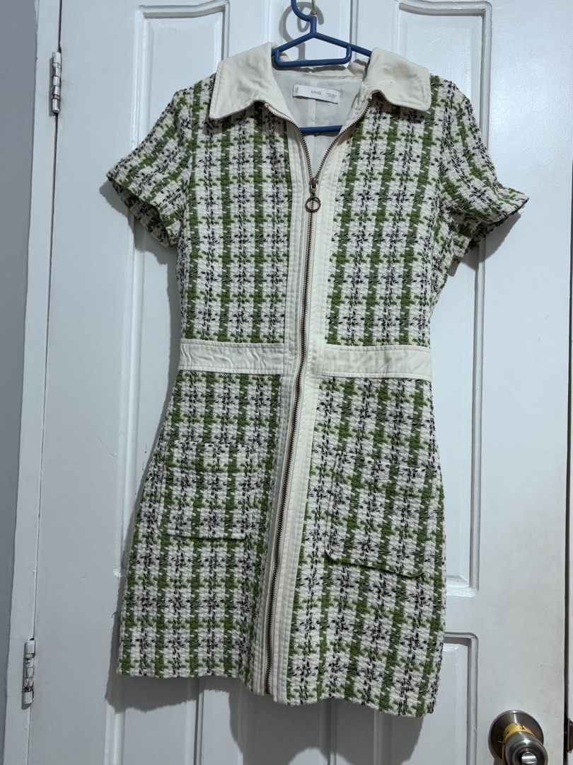 Mango Green Tweed Zip Front Collared Dress Size S (Category: Dresses) located in Manila. Submitted by vintage_wonder8 (Listing ID 1468692004, Image 2). Description: - Brand: Mango - Style: Green & white tweed mini dress with white trim - Size: EUR S / USA 4 / MEX CH - bought in Singapore for around $90, only worn 2 times - Features: Short sleeves, pointed collar, front zip closure with round pull ring, and two front pockets - Condition: Excellent