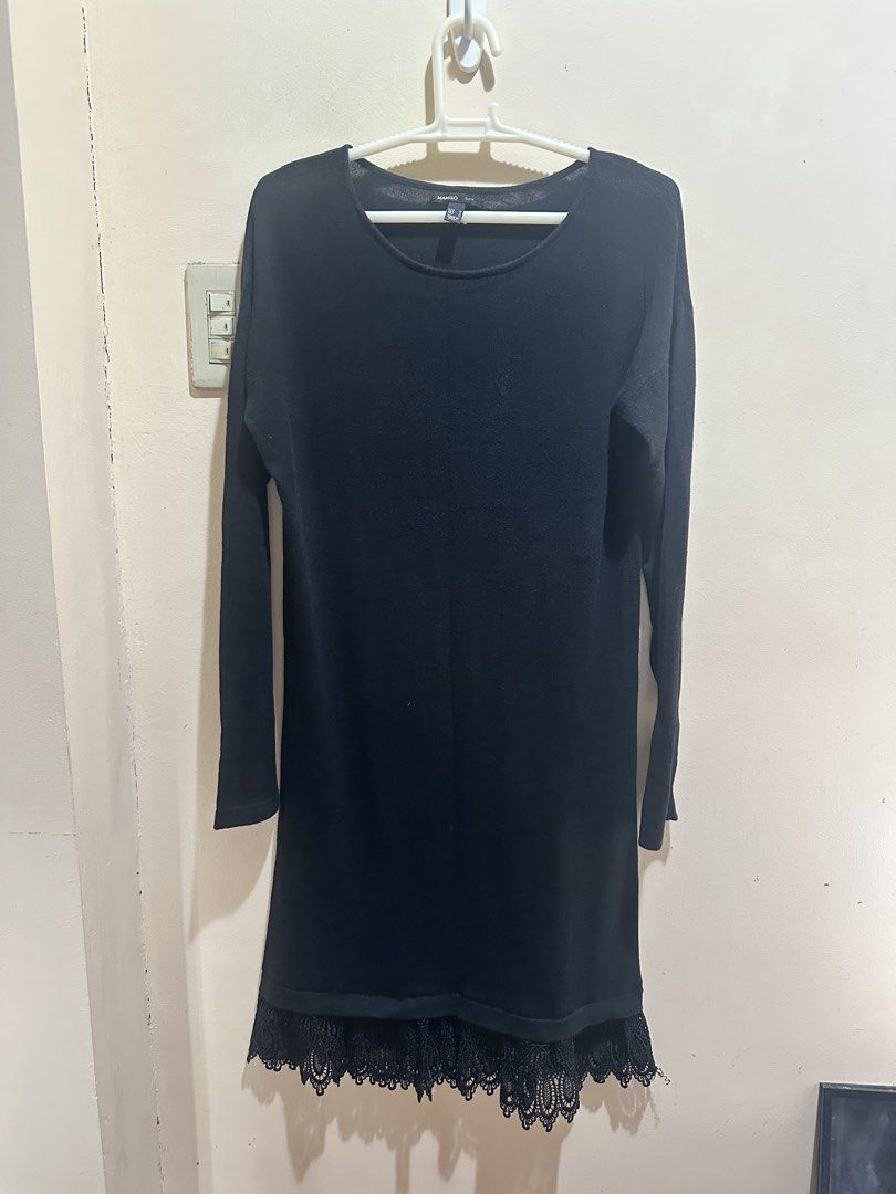 Mango Suit Black Knit Dress Size M (Category: Dresses) located in Baliuag. Submitted by ritzkisses (Listing ID 1468519679, Image 1). Description: - Brand/Line: Mango Suit - Style: Black knit long-sleeve dress with round neckline and relaxed fit - Detail: Charming lace trim along the bottom hem - Size: Medium - Versatility: Comfortable everyday piece, perfect to style with boots or leggings - Condition: Easy throw-on-and-go outfit.
