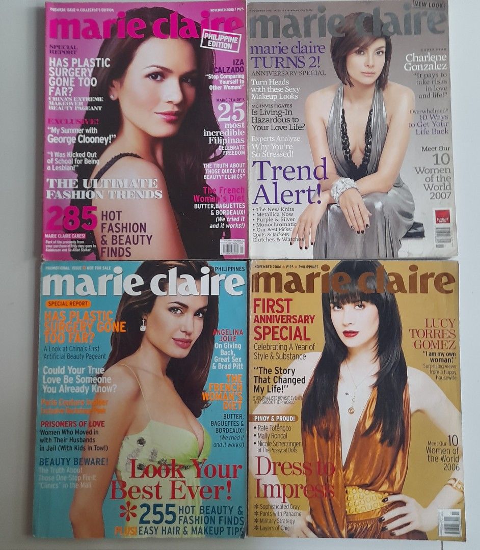 Marie Claire Philippines Magazine Lot - 4 Issues (Category: Magazines) located in Batangas. Submitted by bluehasnoclue (Listing ID 1468508380, Image 1). Description: Price: ₱500 ( FIXED BUNDLE PRICE) ​Included Issues in Bundle: •​November 2005 (PREMIERE ISSUE / Collector's Edition): Iza Calzado Cover (Maiden Launch Issue!) •​Promotional Issue ("Not For Sale"): Ultra-rare promotional sampler issue •​November 2006 (1ST ANNIVERSARY SPECIAL): Lucy To
