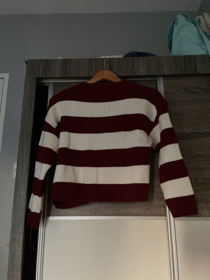 Maroon and White Striped Ribbed Knit Sweater (Category: Coats, Jackets and Outerwear) located in Manila. Submitted by iyaalexi (Listing ID 1468665629, Image 2). Description: - Color: Maroon and white stripes - Material: Ribbed knit - Style: Crew neck, long sleeves, cropped fit - Bought in hongkong.