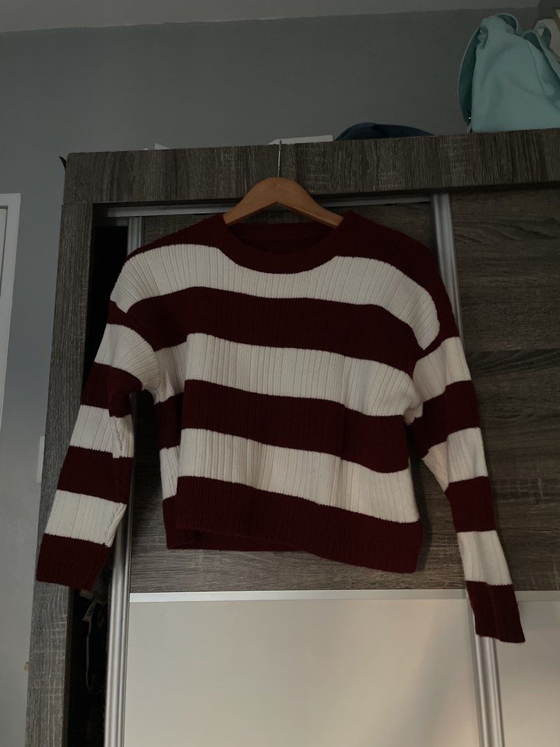 Maroon and White Striped Ribbed Knit Sweater (Category: Coats, Jackets and Outerwear) located in Manila. Submitted by iyaalexi (Listing ID 1468665629, Image 1). Description: - Color: Maroon and white stripes - Material: Ribbed knit - Style: Crew neck, long sleeves, cropped fit - Bought in hongkong.