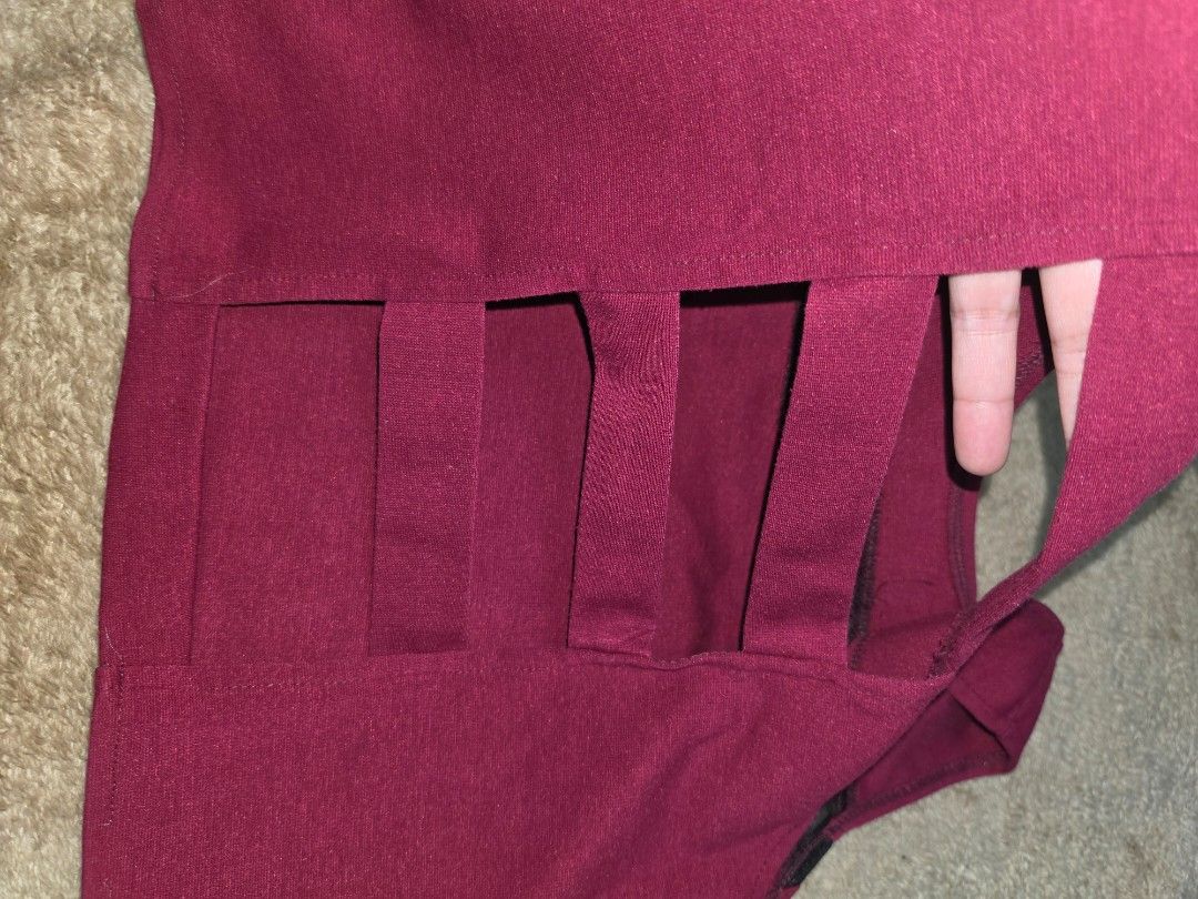 Maroon Crop Tank Top with Strappy Back and Mesh Panel (Category: Sleeveless) located in Manila. Submitted by _sj1204 (Listing ID 1468554242, Image 3). Description: - Color: Maroon - Style: Crop tank top with scoop neckline - Design: Sheer mesh stripe on the chest and trendy multi-strap cut-out back - Material: Stretchy, comfortable fabric - Best for: Casual days - Size: XS to S .