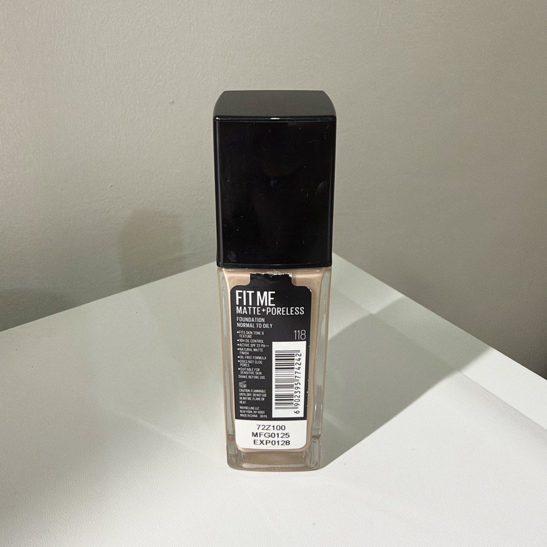 Maybelline Fit Me Matte + Poreless Foundation (shade 118) (Category: Makeup) located in Quezon City. Submitted by aj.mnl (Listing ID 1468602598, Image 2). Description: ~2/3 full 🏷️ Also available as a SET: Maybelline Fit Me Matte + Poreless - Primer - Foundation (shade 118) - Setting spray.