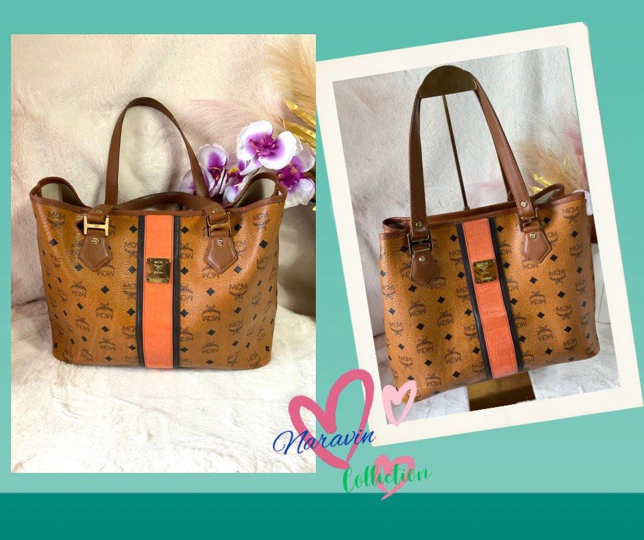 MCM Visetos Monogram Stripe Tote Bag Brown Orange (Category: Luxury Bags & Wallets) located in La Trinidad. Submitted by naravincollections (Listing ID 1468541856, Image 1). Description: - Brand: MCM, Authentic - Style: Visetos Monogram Tote - Design: Classic brown monogram with a vibrant orange and black vertical stripe - Hardware: Gold-tone, in excellent condition, no tarnish - Straps & Trim: Tan leather double shoulder straps *** Recoloring do