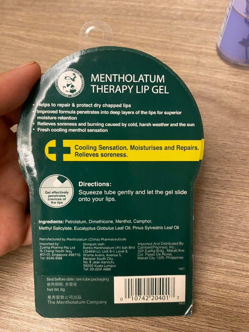 Mentholatum lip gel (Category: Makeup) located in Makati City. Submitted by larasdowry (Listing ID 1468711032, Image 2). Description: Brand new Mentholatum Therapy Lip Gel (8g) in original packaging. Repairs and protects dry, chapped lips with a fresh cooling menthol sensation. Deeply moisturizes and relieves soreness. Available for meetup at Vista Mall Sta. Rosa, Laguna..