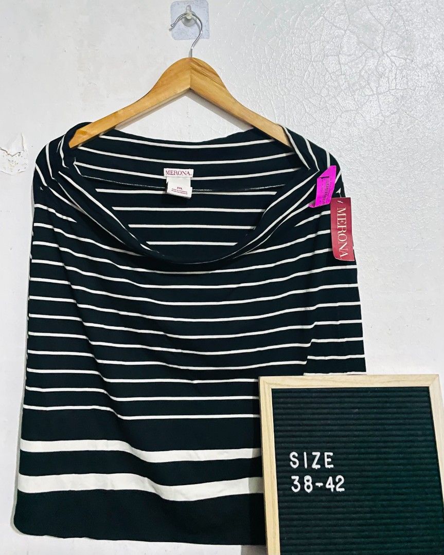 Merona skirt (Category: Blouses) located in San Mateo. Submitted by safeearth21 (Listing ID 1468678461, Image 1). Description: - Brand: Merona - Size: XXL (marked on inner collar) - Color/Pattern: Black and white horizontal stripes - Style: Cowl neckline with a relaxed fit - Condition: Brand new with side tag attached - Origin: Made in Cambodia.