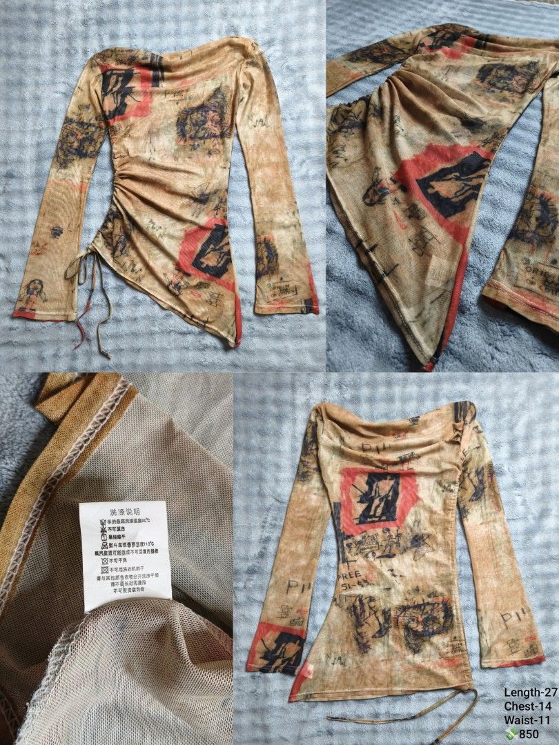 Mesh graphic print asymmetric long sleeve top with drawstring (Category: Longsleeves) located in Floridablanca. Submitted by vintager12 (Listing ID 1468539449, Image 1). Description: - Design: Beige and red vintage graphic print mesh top - Fit & Features: Scoop neckline, long flare sleeves, and asymmetric hem with adjustable left-side drawstring - Fabric: Sheer mesh material (Chinese wash label inside) - Measurements: Length 27 inches, Chest 14 i