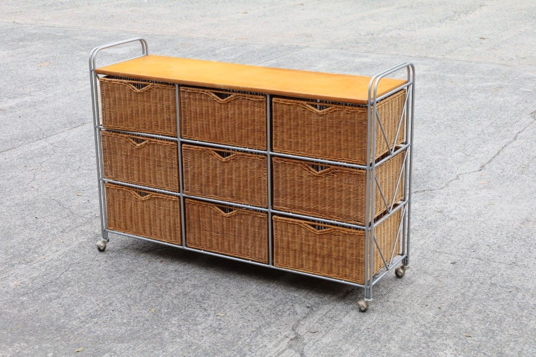 Metal frame woven rattan drawers on caster (Category: Storage Boxes & Baskets) located in Guiguinto. Submitted by eypee_knows (Listing ID 1468659321, Image 1). Description: Metal frame woven rattan drawers on caster *Has minor dents & tear on wooden top but overall in great condition Dimensions: L- 48 W- 14 H- 30 inches Basket- 14.5x13x7.5 inches price: 7,500 each shop loc: green estates tiaong guiguinto bulacan we do ship thru lalamove & drop & 
