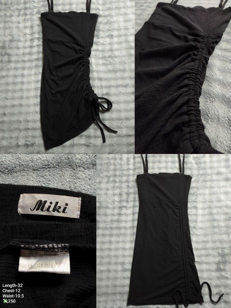 Miki Black Ruched Spaghetti Strap Mini Dress (Category: Dresses) located in Floridablanca. Submitted by vintager12 (Listing ID 1468541075, Image 1). Description: - Brand: Miki - Style: Classic little black dress / mini dress - Color: Black - Details: Adjustable spaghetti straps, ruched side seam with adjustable tie - Material: Lightweight and textured fabric - Measurements (lay-flat): Length 32", Chest 12", Waist 10.5" - Condition: Excellent / Re