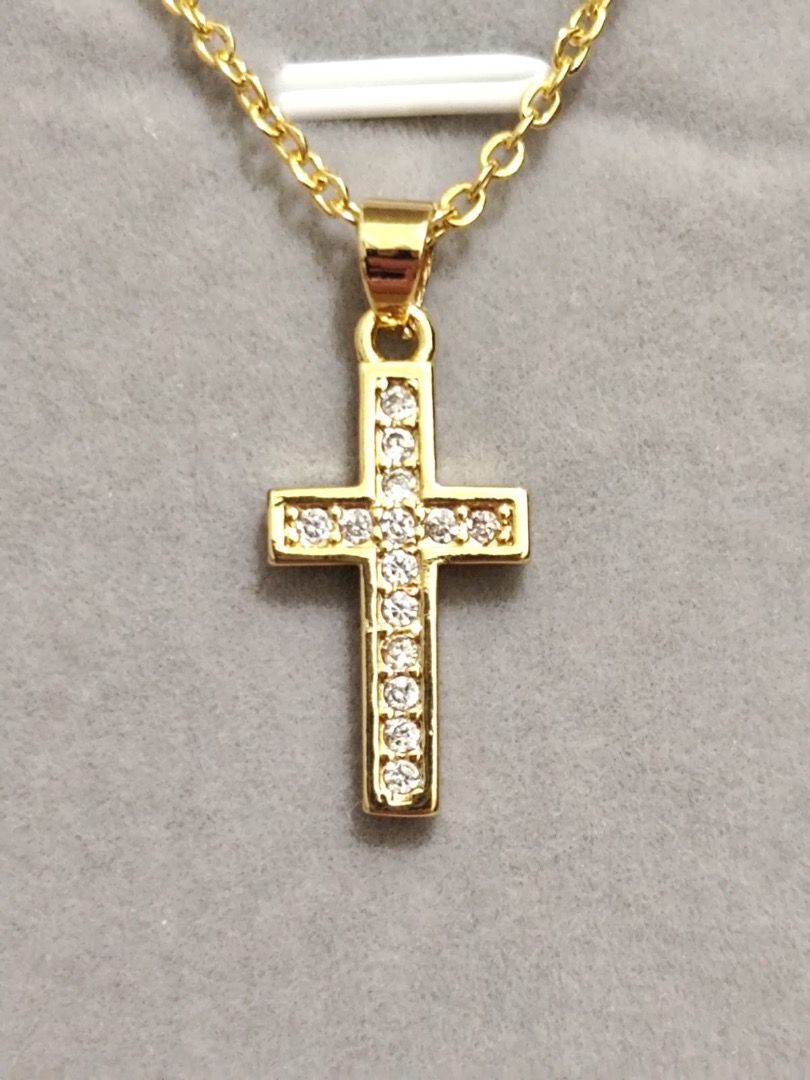 Minimalist Cross 18K Gold Tone Titanium Steel Nontarnish Necklace w/ CZ ...