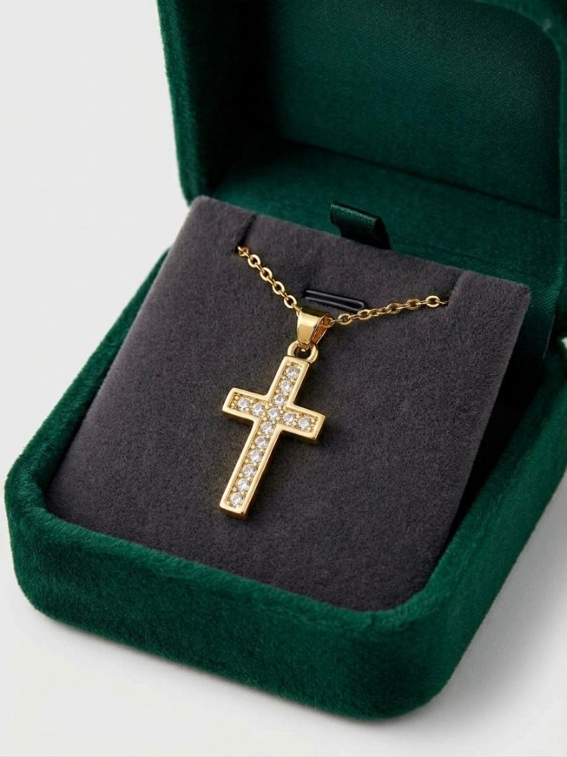 Minimalist Cross 18K Gold Tone Titanium Steel Nontarnish Necklace w/ CZ ...