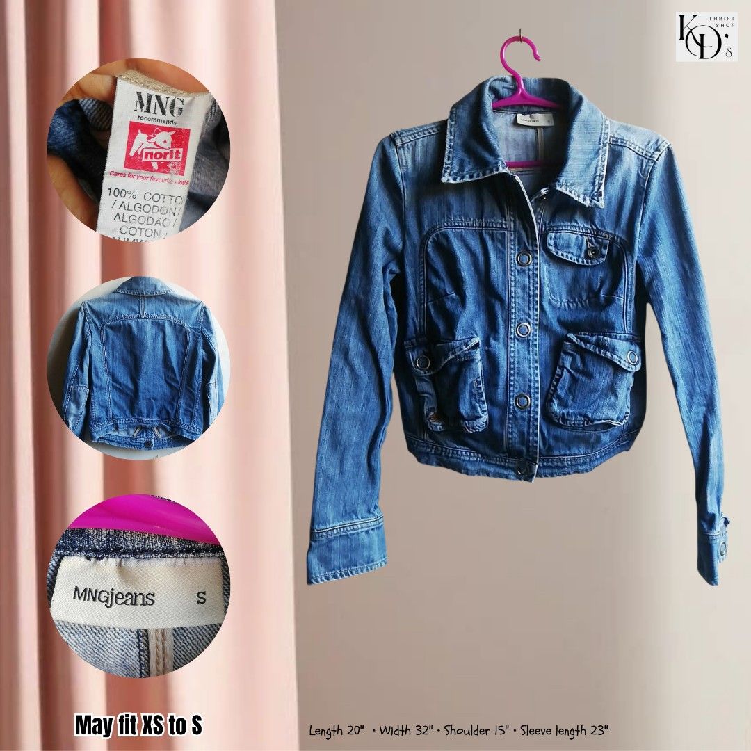 MNGjeans Blue Denim Jacket Size S (Category: Coats, Jackets and Outerwear) located in Bulacan. Submitted by kds_treasures (Listing ID 1468658368, Image 1). Description: - Brand: MNG Jeans - Color: Classic Blue - Material: 100% Cotton - Size: S (fits XS to S) - Closure: Front button - Features: Multiple practical pockets - Measurements: Length 20" | Width 32" | Shoulder 15" | Sleeve 23" - Condition: Excellent, ready to wear.