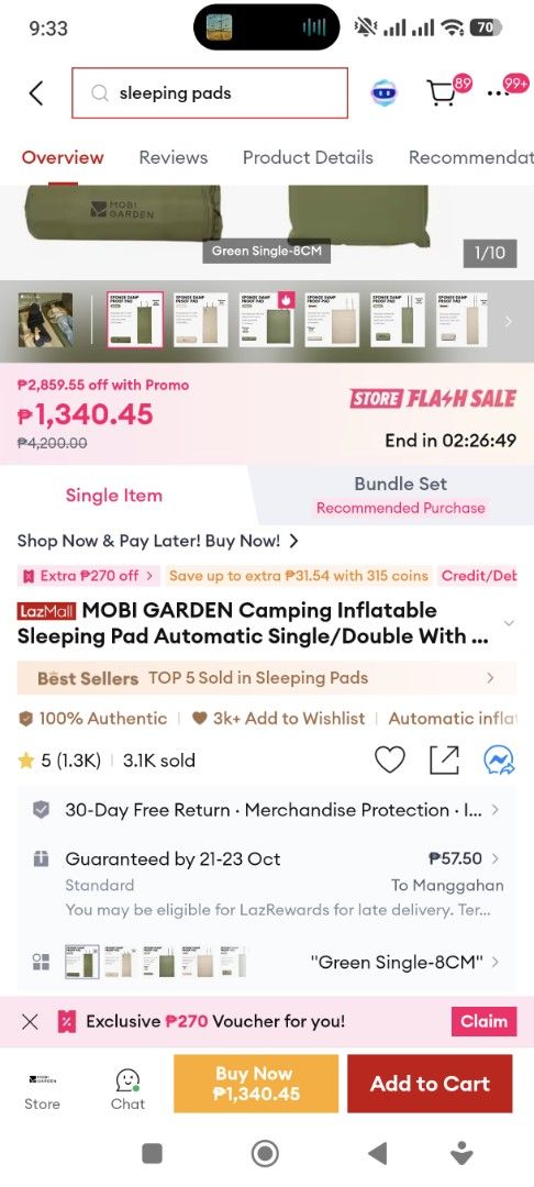 Mobi Garden Sponge Damp Proof Pad Green Single 8CM (Category: Bedding & Towels) located in Pasig City. Submitted by garage.sale89 (Listing ID 1468643019, Image 3). Description: - Brand: Mobi Garden - Item: Sponge damp-proof pad / Camping mat - Color: Green - Condition: Brand new, unused in storage bag - Size: Single (200 x 75 x 8 cm) - Thickness: 8 cm for ultimate comfort - Storage Size: 25 x 25 x 75 cm - Weight: Approx. 2600g - Features: Auto-in