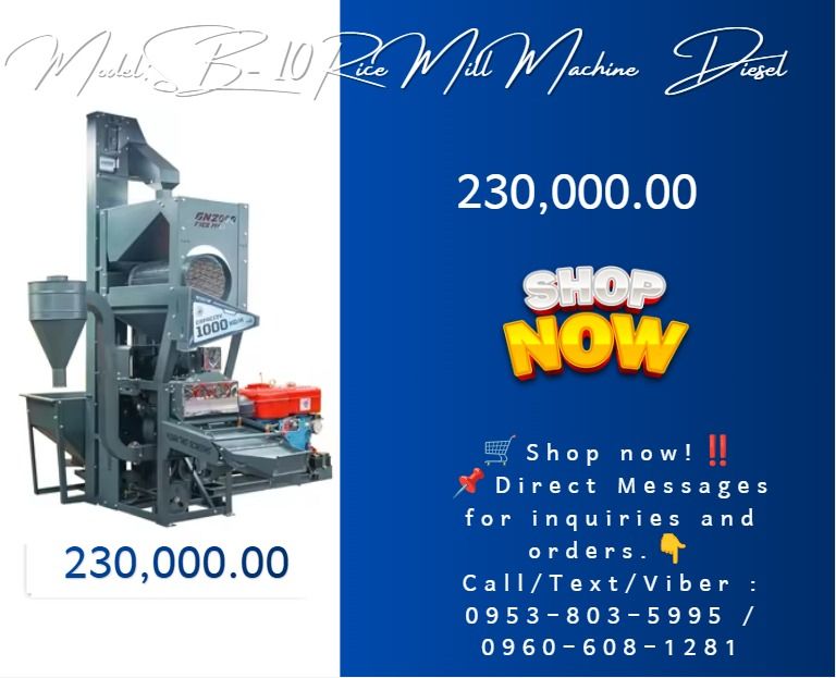 Model:SB- 10 Rice Mill Machine Diesel (Category: Everything Else Others) located in Caloocan City. Submitted by cosmicstar_f9d177 (Listing ID 1468579750, Image 1). Description: ★Model: MC-SB-5/MC-SB-10/MC-SB-30/MC-SB-50 ★Capacity(kg/h) :500-600 / 700-900 / 1100--1500/ 1800-2300 ★Motor (kw) : 5.5 / 11 / 15 / 22 ★size: (mm): 650*670*138 / 770*770*1670* / 770*970*1670 / 960*106*2140 ★Weigth (kg): 150 / 195 / 320 / 650 .