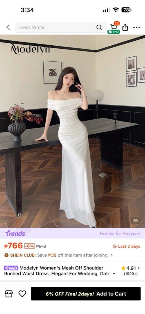 Modelyn Mesh Off Shoulder Dress (Category: Dresses) located in Daet. Submitted by ilovetakoyakiii (Listing ID 1468568495, Image 2). Description: - Brand/Style: Modelyn off-shoulder maxi dress - Color: Solid white with mesh fabric overlay - Features: Elegant ruched waist detailing - Condition: Worn once Ginamit lang sa pre wedding photo shoot hindi na nagamit ulit. Waist - 30 Bust - 26.