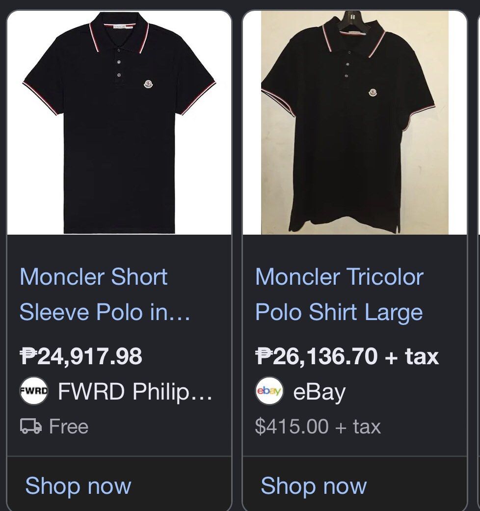 Moncler Polo Shirt (Category: Tshirts & Polo Shirts ) located in Manila. Submitted by raremountain00 (Listing ID 1468686803, Image 2). Description: Authentic Excellent condition Issue minimal rans check last picture.