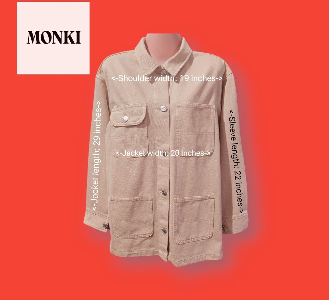 Monki Womens Beige Denim Jacket (Category: Coats, Jackets and Outerwear) located in Bacoor. Submitted by nineties_kid (Listing ID 1468563890, Image 1). Description: <==• Monki Womens Beige Denim Jacket Size: Extra Small on tag. Bu fits Medium. Color: Beige Shoulder width: 19 inches Sleeve length: 22 inches Shirt width: 20 inches Shirt length: 29 inches _________________________ -Modes Of Delivery: J&T/Lalamove/ LBC (Cash on Pick-up/COD) -Meet-up 