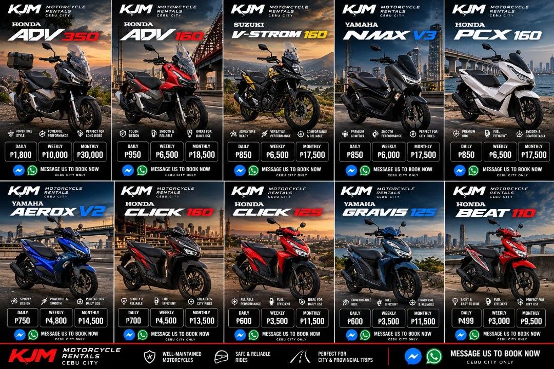MOTORCYCLE RENTAL CEBU ONLY (Category: Motorbikes for Sale) located in Cebu City. Submitted by cedric- (Listing ID 1468579123, Image 1). Description: 🏍️ KJM Motorcycle Rentals – Cebu City Looking for a motorcycle rental in Cebu City? We offer a variety of motorcycles for daily, weekly, and monthly rentals, with rates starting at just ₱499/day! ✅ Multiple motorcycle models available ✅ Flexible rental periods ✅ Affordable rates 📍 Cebu City only C