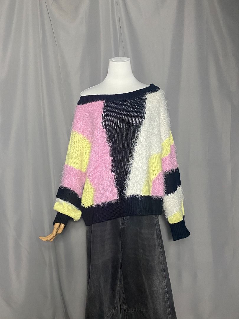 Multicolor off-the-shoulder patchwork knit sweater (Category: Longsleeves) located in Las Pinas. Submitted by ipickyou (Listing ID 1468676020, Image 2). Description: Unwashed Condition: 10/10 𝗠𝗲𝗮𝘀𝘂𝗿𝗲𝗺𝗲𝗻𝘁𝘀 𝘄𝗵𝗲𝗻 𝗹𝗮𝗶𝗱 𝗳𝗹𝗮𝘁: -Free Size -Armpit to armpit: 27 1/2” -Length: 24” .