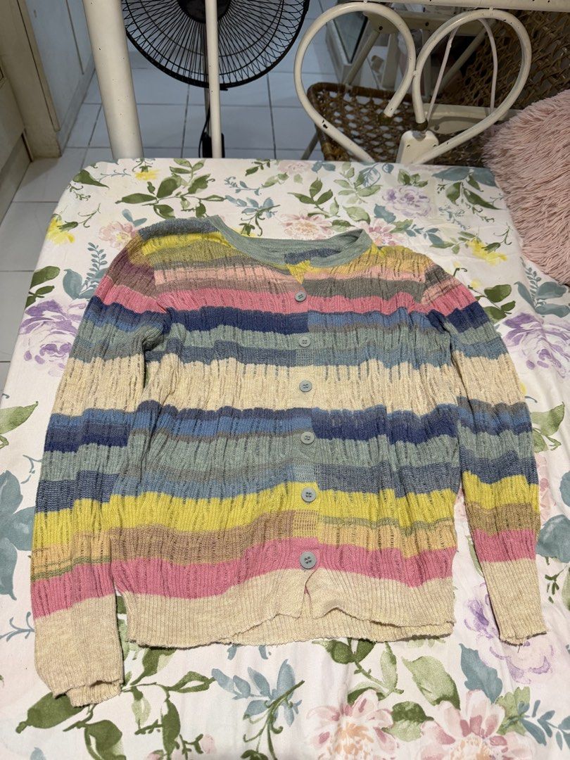 Multicolor Striped Button-Up Cardigan Sweater (Category: Longsleeves) located in Marikina City. Submitted by feibella_clothing24 (Listing ID 1468685821, Image 1). Description: - Style: Multi-colored striped button-up cardigan sweater - Colors: Pastel yellow, pink, blue, beige, and green - Details: Round neckline, ribbed hem and cuffs, textured vertical knit pattern - Fabric: Lightweight and comfortable knit - Use: Perfect layering piece for coole