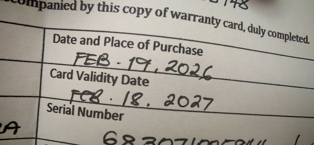 N/A (Category: Raw Singles) located in Binan City. Submitted by bryanaveni29980 (Listing ID 1468534576, Image 1). Description: - Official warranty card with handwritten details - Purchase Date: February 19, 2026 - Warranty Validity: Until February 18, 2027 - Serial number partially visible at the bottom - Clean paper document with clear ink text.