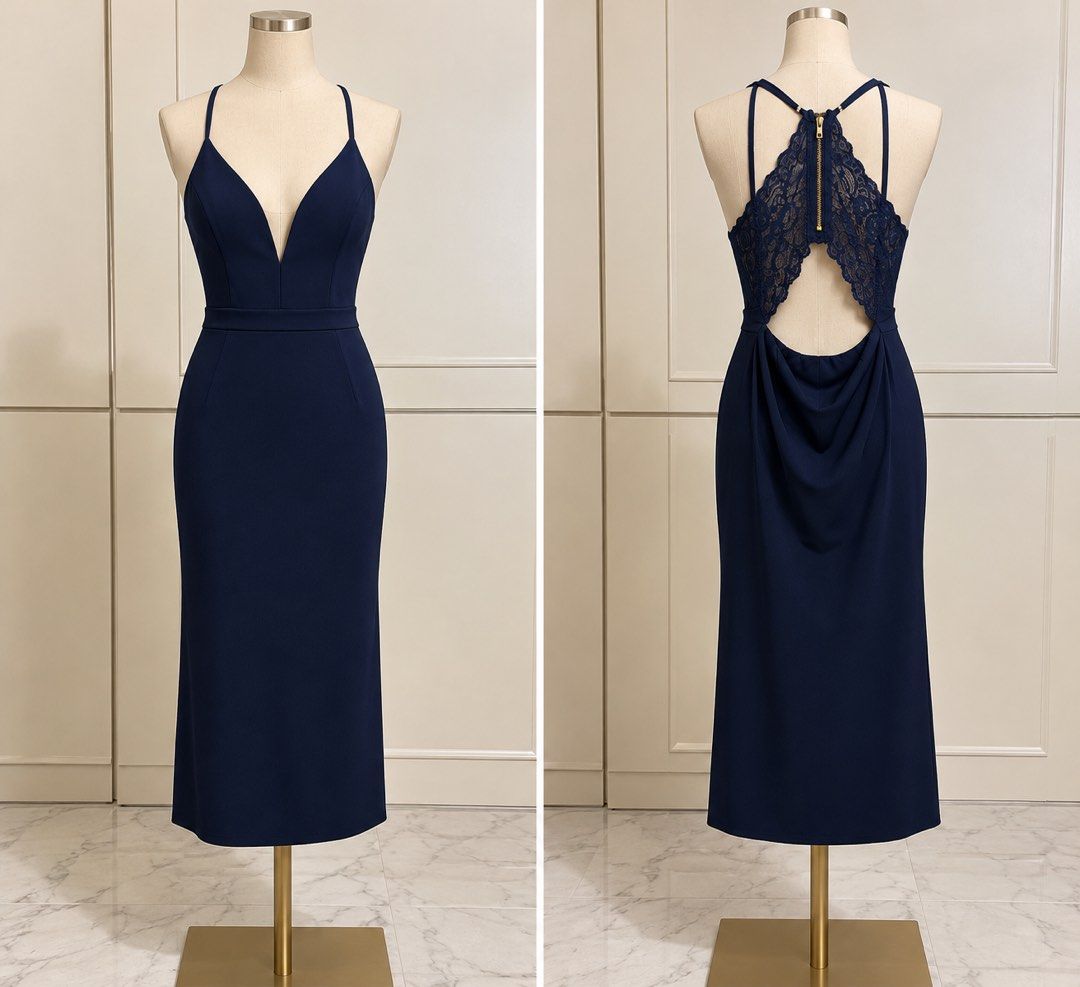 Navy Blue Dress (Category: Evening dresses & gowns) located in Quezon City. Submitted by abitabovefivefeet (Listing ID 1468550474, Image 1). Description: Navy Blue Lace Back Midi Dress – Size S but altered to fit XS Elegant navy blue midi dress with a flattering V-neckline, thin shoulder straps, fitted waist, and a beautiful lace back detail with gold-tone zipper. Features an open-back design with a draped detail for a sophisticated, feminine loo