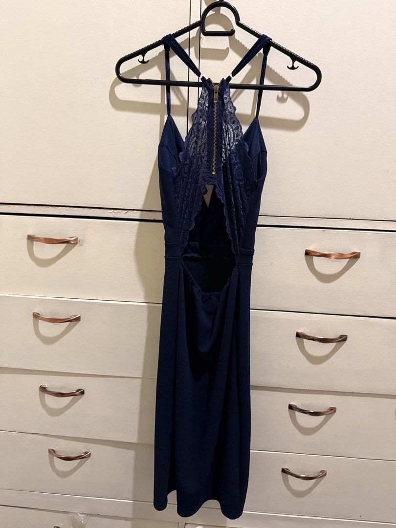Navy Blue Dress (Category: Evening dresses & gowns) located in Quezon City. Submitted by abitabovefivefeet (Listing ID 1468550474, Image 2). Description: Navy Blue Lace Back Midi Dress – Size S but altered to fit XS Elegant navy blue midi dress with a flattering V-neckline, thin shoulder straps, fitted waist, and a beautiful lace back detail with gold-tone zipper. Features an open-back design with a draped detail for a sophisticated, feminine loo